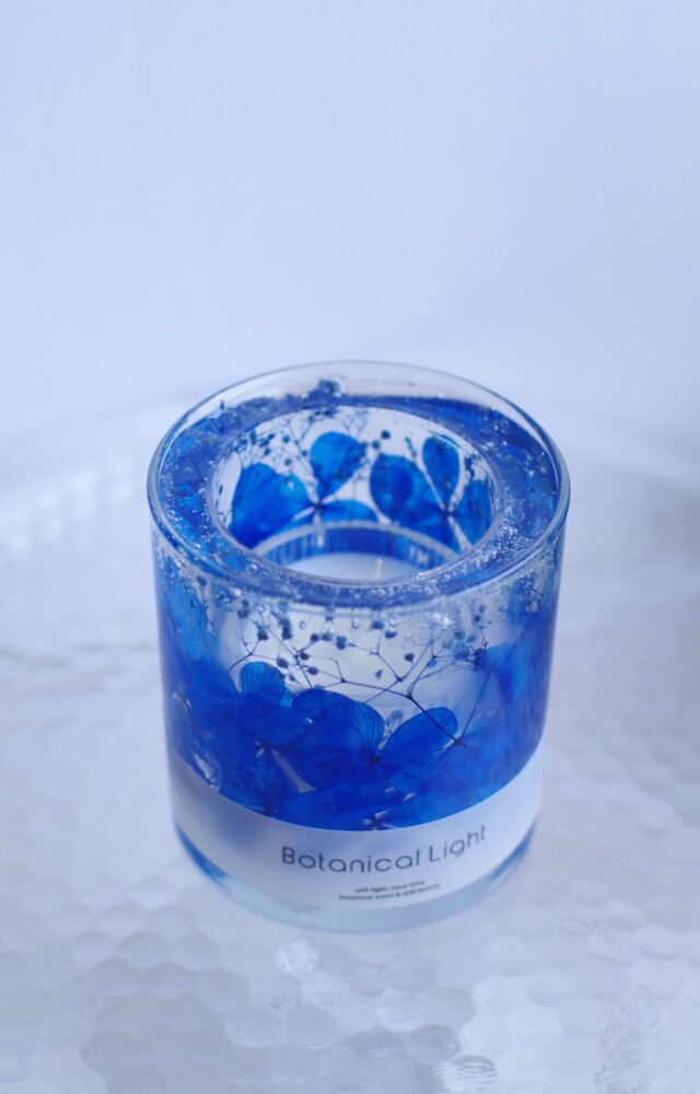 青い紫陽花のボタニカルキャンドルホルダー｜コバルトブルー・LED