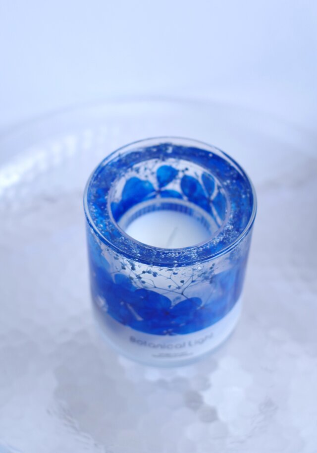 青い紫陽花のボタニカルキャンドルホルダー｜コバルトブルー・LED