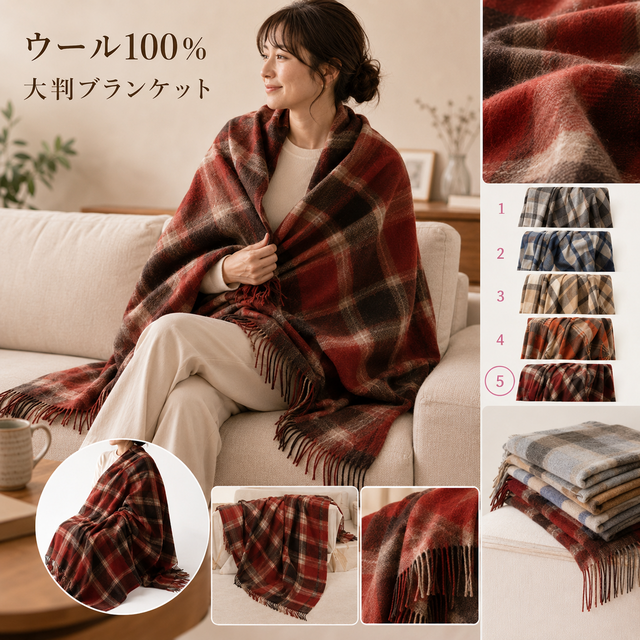 ウール100％ 大判ブランケット 180×140cm｜選べる5色チェック
