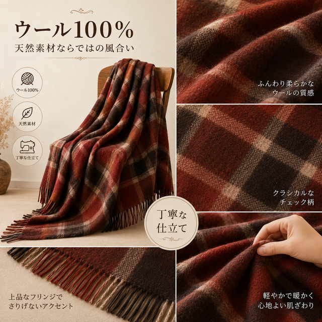 ウール100％ 大判ブランケット 180×140cm｜選べる5色チェック