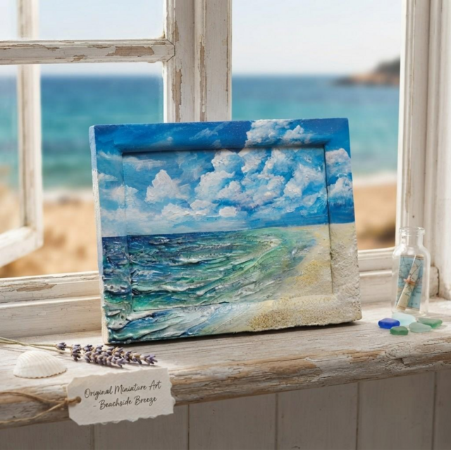 「海辺の蜜柑」　手描き　油絵　風景画　原画　油彩画 永遠の夏空と、きらめく波の記憶】海 油絵 原画 ミニ絵画 立体アート