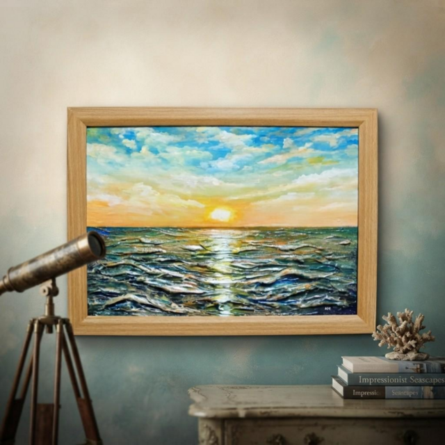 黎明のポリフォニー】朝日の海 油絵 A4額縁付 / 夏の夕日 朝焼け