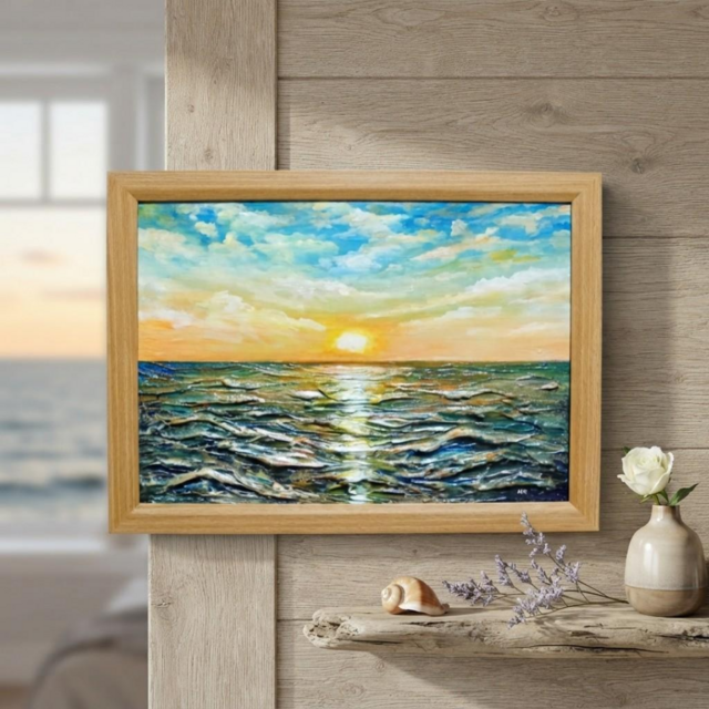 黎明のポリフォニー】朝日の海 油絵 A4額縁付 / 夏の夕日 朝焼け