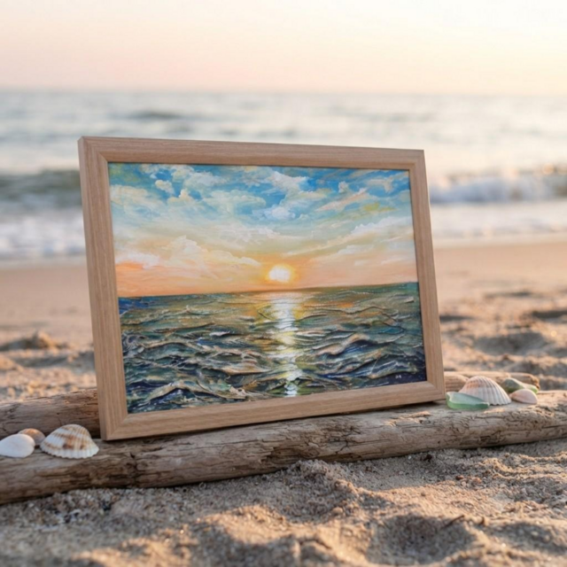 黎明のポリフォニー】朝日の海 油絵 A4額縁付 / 夏の夕日 朝焼け