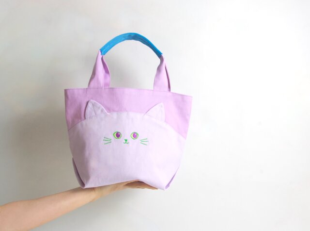 にゃんともクセになる⭐︎ ねこ ミニバッグ カラフルトート ライラック