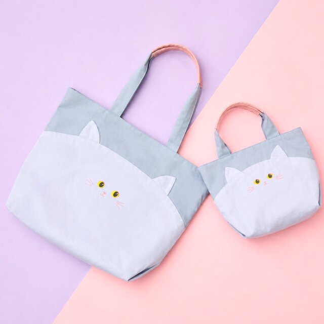 にゃんともクセになる⭐︎ ねこ ミニバッグ カラフルトート ライラック