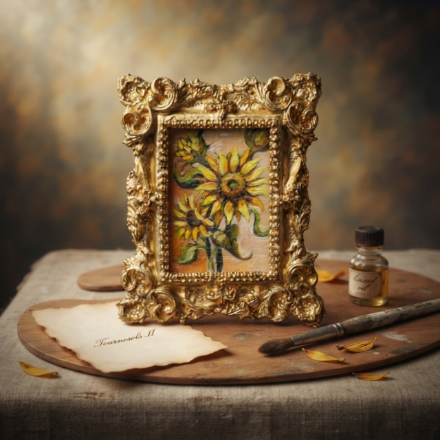 油彩原画】黄金のひまわり（The Golden Sunflowers）/ ミニ絵画・額装