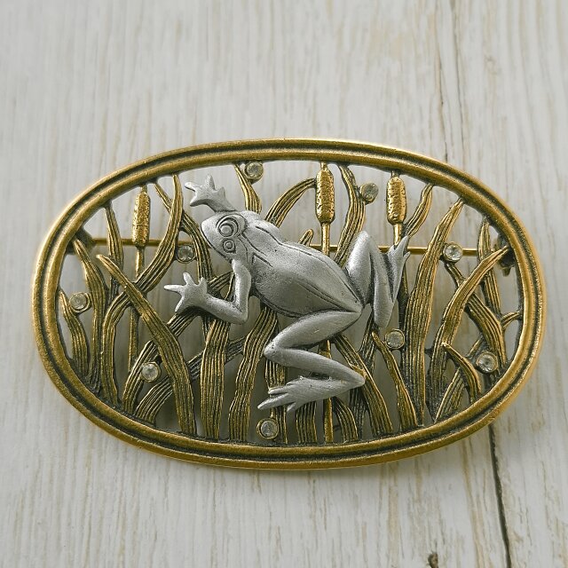 J.J.》 pewter frog among reeds ジェイジェイ ヴィンテージブローチ