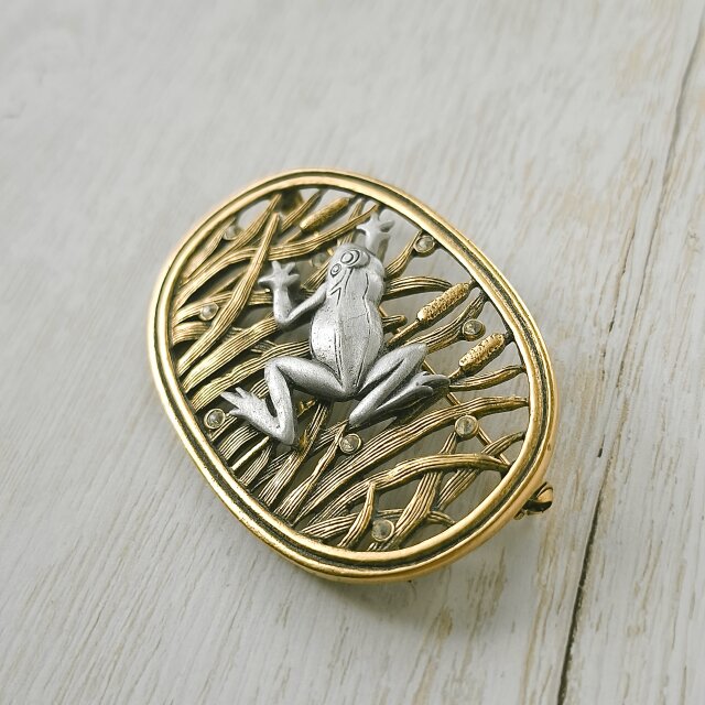 J.J.》 pewter frog among reeds ジェイジェイ ヴィンテージブローチ