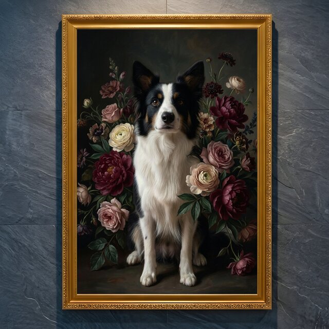 犬（ボーダーコリー）の花に囲まれた油絵風アート A4金縁額装