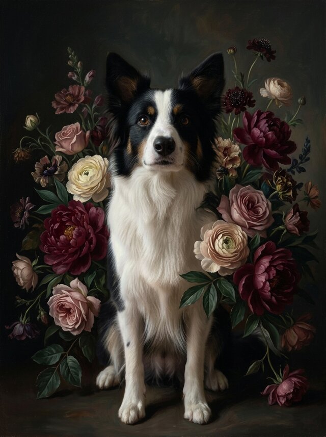 犬（ボーダーコリー）の花に囲まれた油絵風アート A4金縁額装