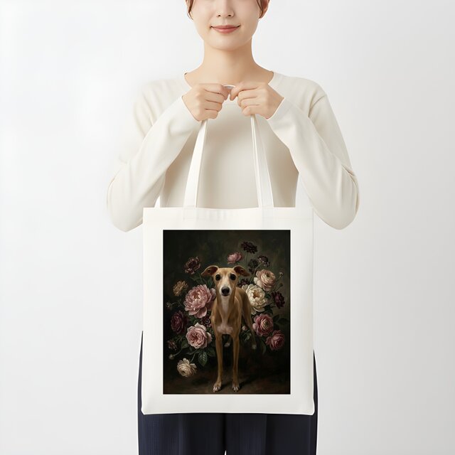 専用　油絵　イタリアングレーハウンドの美しいMickeyちゃんと小花咲く草原 犬（イタリアングレーハウンド）トートバッグ 花の油絵風アート
