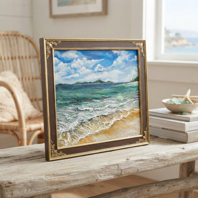 油彩画【エメラルド・エスケープ】夏の海と白波を描いた原画 額装