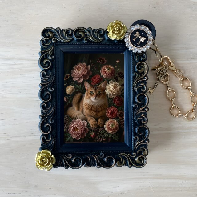 猫（ソマリ）バッグチャーム 花の油絵風アート ブラック額縁 | iichi