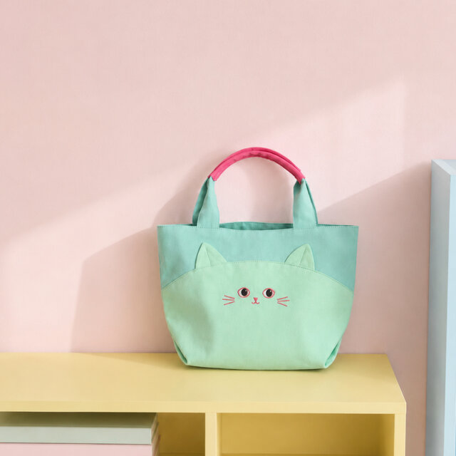 にゃんともクセになる⭐︎ ねこ ミニバッグ カラフルトート ミント