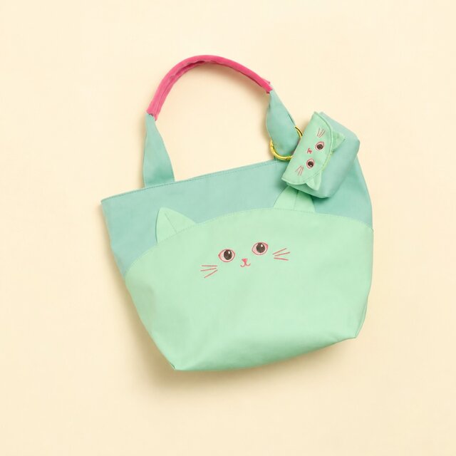 にゃんともクセになる⭐︎ ねこ ミニバッグ カラフルトート ミント