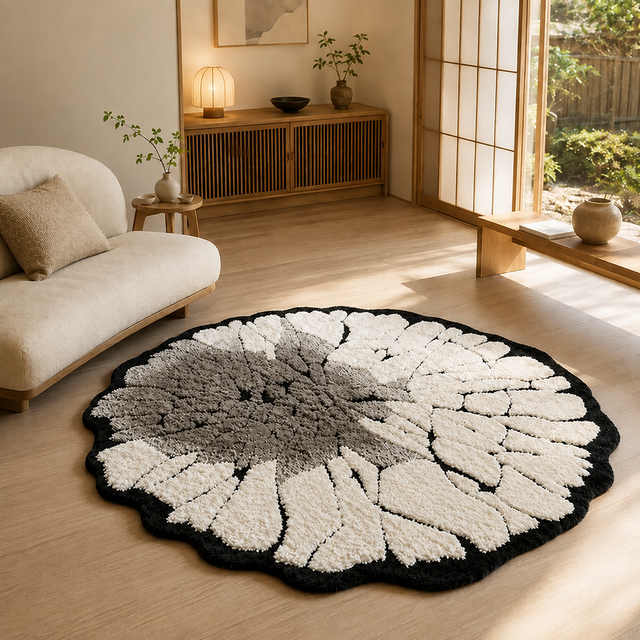 ヴィンテージ インテリア円形ラグ 花柄 フリンジ付き 円形ウールラグ「石に咲く花」｜ニュージーランドウール・立体花柄｜手