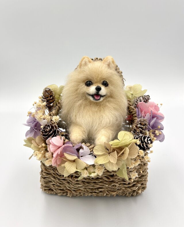 ポメラニアンのフラワーバスケット 羊毛フェルト Needle felted