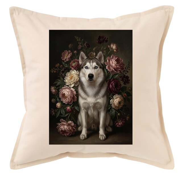 犬（シベリアンハスキー）クッション 45cm 花の油絵風カラーアート