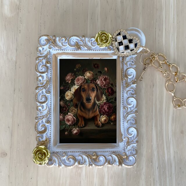 犬（ミニチュアダックスフンド）バッグチャーム 花の油絵風アート