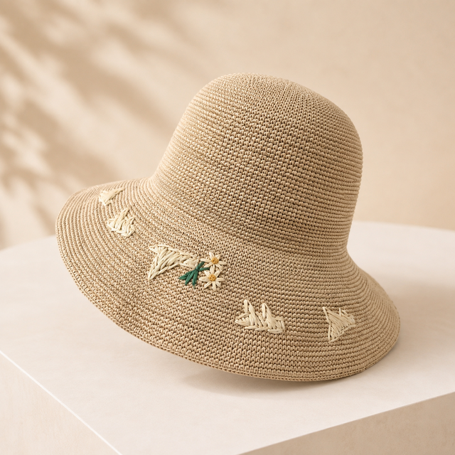 ヨットと草花刺繍のつば広ラフィアハット | iichi 日々の暮らしを