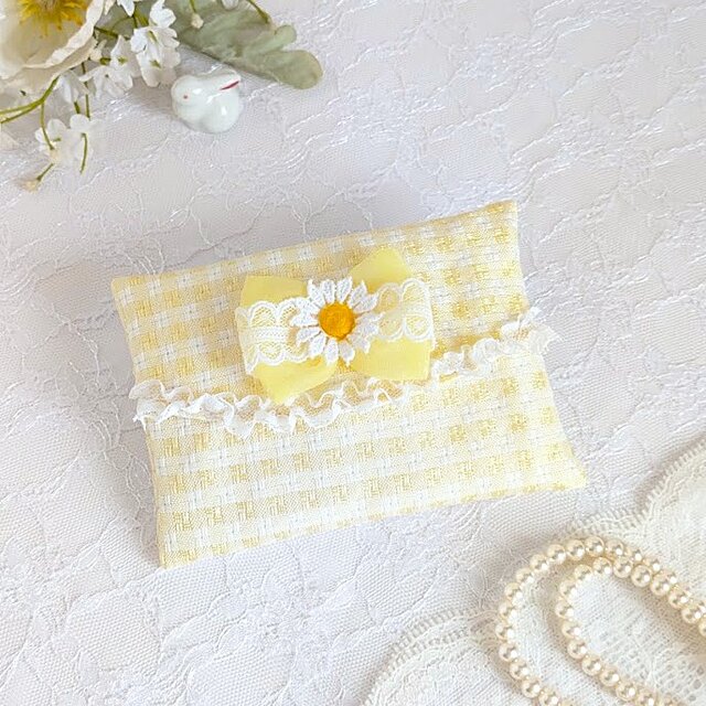 レースとお花のポケットティッシュケース〈黄色チェック〉 | iichi