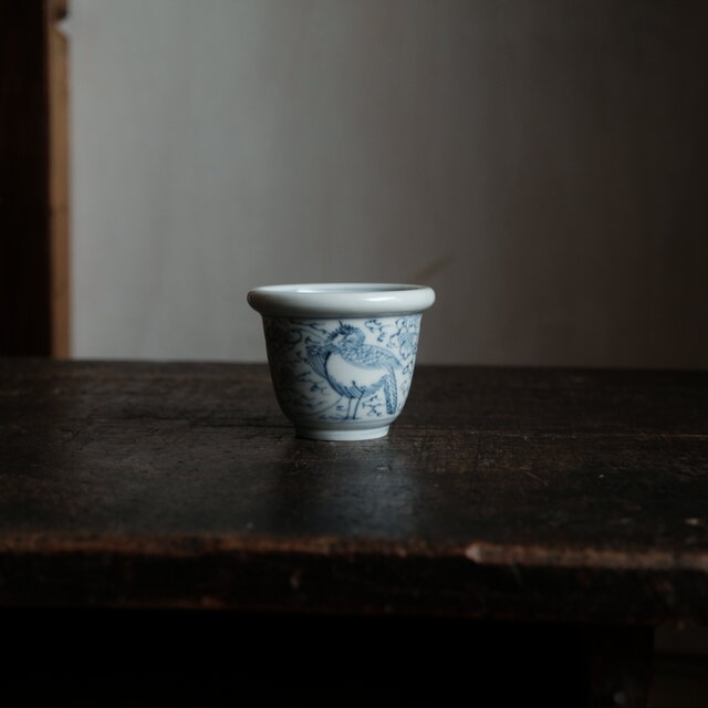 線描きで可愛い◇伊万里 花鳥文染付猪口 茶杯 小鉢 骨董/antiques 古