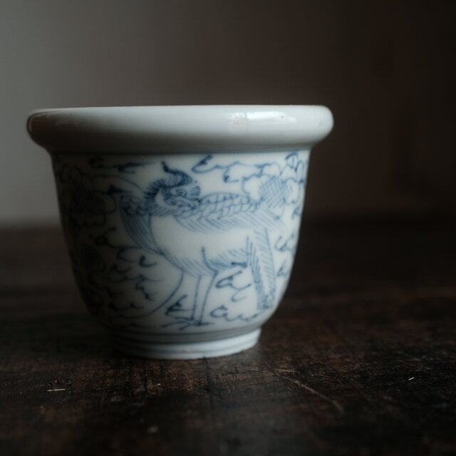 線描きで可愛い◇伊万里 花鳥文染付猪口 茶杯 小鉢 骨董/antiques 古