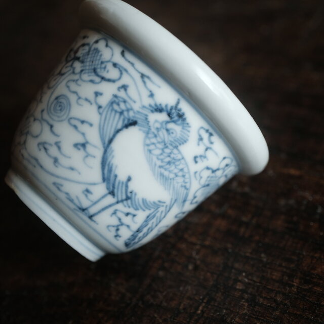 線描きで可愛い◇伊万里 花鳥文染付猪口 茶杯 小鉢 骨董/antiques 古