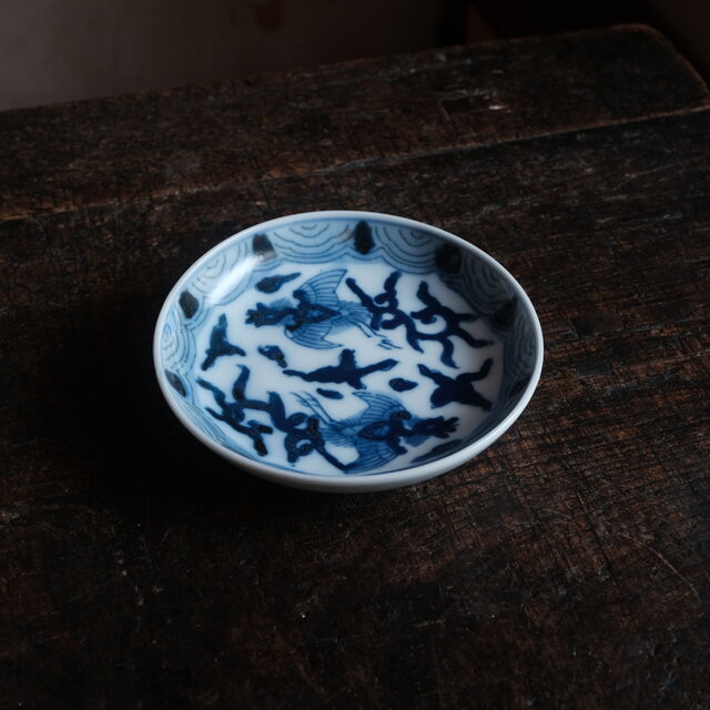 時代物 アートな絵柄◇2匹の鳳凰 染付印判小皿 骨董・antiques 器 工芸