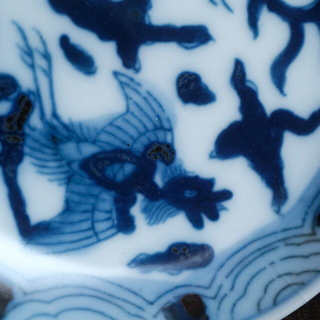 時代物 アートな絵柄◇2匹の鳳凰 染付印判小皿 骨董・antiques 器 工芸
