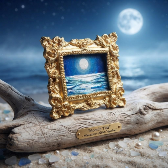 ロイヤル・ムーンライト】夏の夜の海と満月◇油絵ミニ絵画