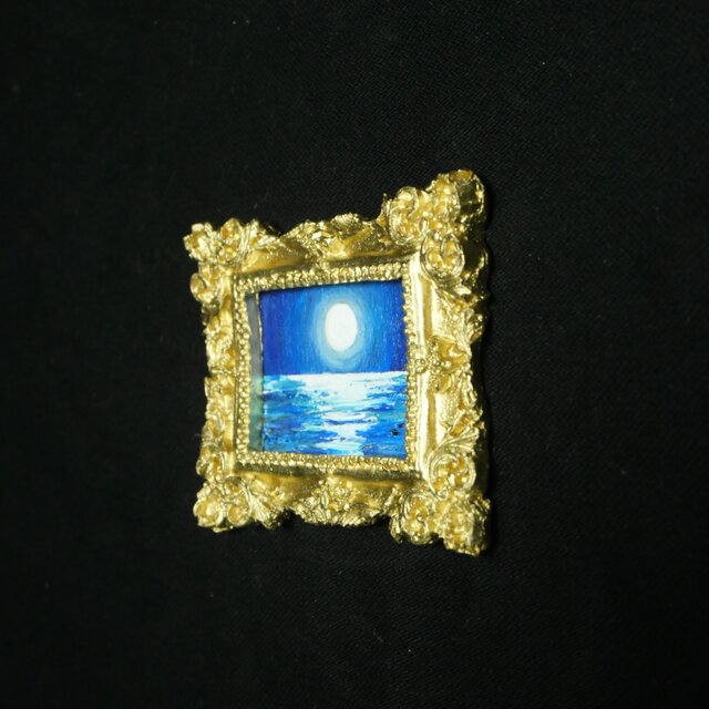 ロイヤル・ムーンライト】夏の夜の海と満月◇油絵ミニ絵画