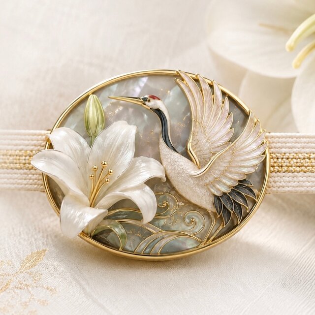 白百合と鶴の帯留め｜シェルと七宝焼で仕立てた和装ジュエリー | iichi