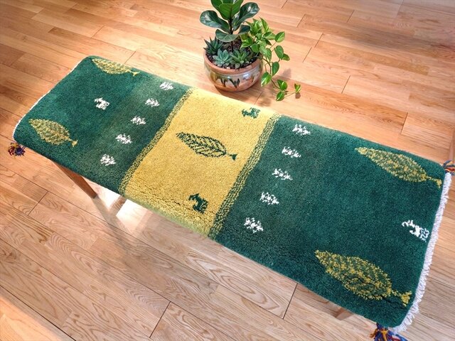 ペルシャ タフタン手作りラグ ランナー 56cm X 240cm ハンドメイド ペルシャ ギャッベ ミニランナー ラグ 118x43cm 緑色 黄