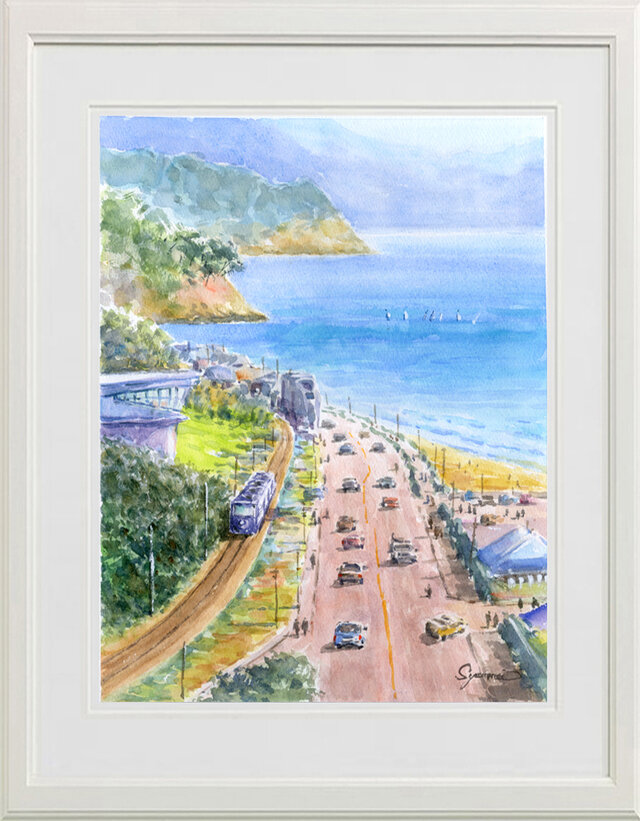 海辺の風景 水彩画 額装済み 原画 水彩画原画 湘南七里ヶ浜風景3 ＃738 | iichi 日々の暮らしを心地よく