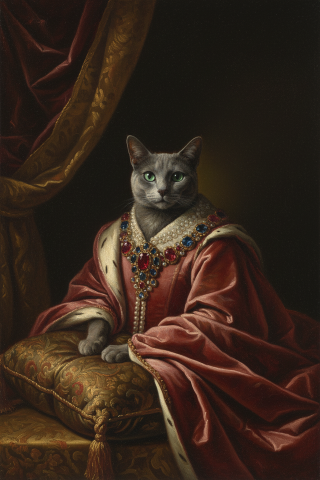 猫（ロシアンブルー）のルネサンス風肖像画 A4金縁額装インテリア