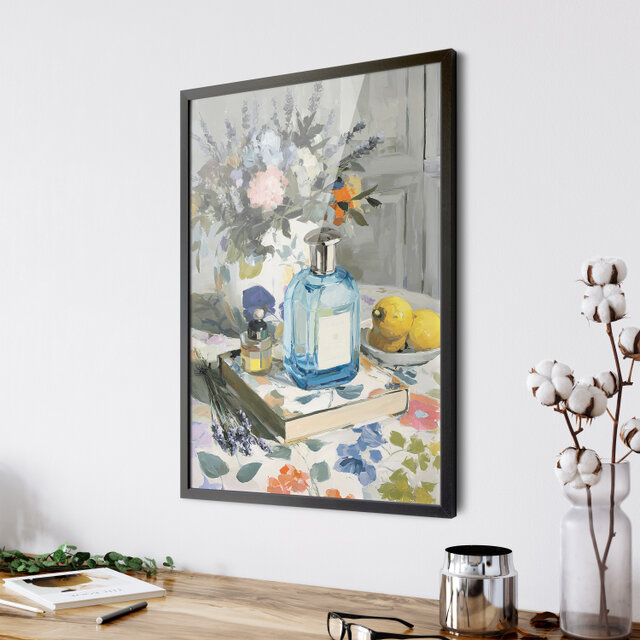 絵画 香水瓶 アートプリント ヴィンテージ風 夏の香り【 花と香水瓶のある午後 】 香水 静物画 花 インテリア
