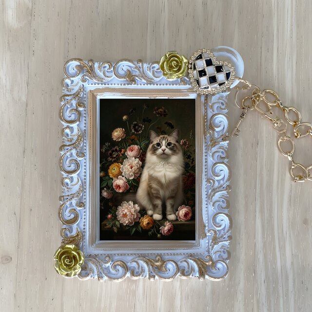 猫（ラグドール）バッグチャーム 花の油絵風アート ホワイト額縁