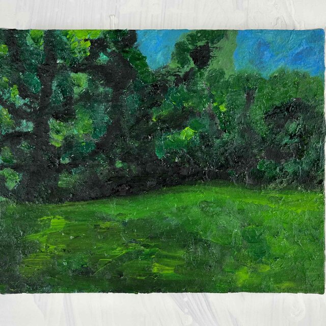 原画・油彩「夏の公園 2026」絵画 ・F3（22×27㎝ ）アート・キャンバス