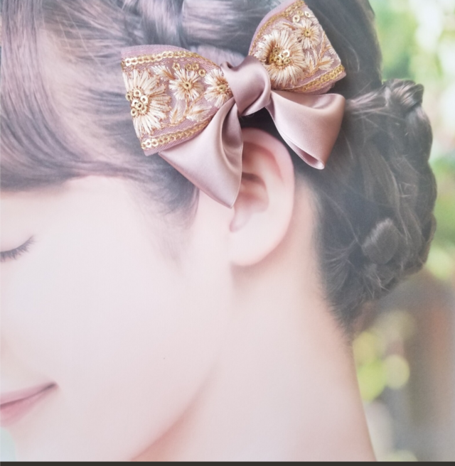 ❣️確認用❣️インド刺繍 リボン 華やかリボン 大人可愛い 【在庫有り】 インド刺繍リボンのバレッタ｜花刺繍×ピンクリボン｜上品な大人のヘア