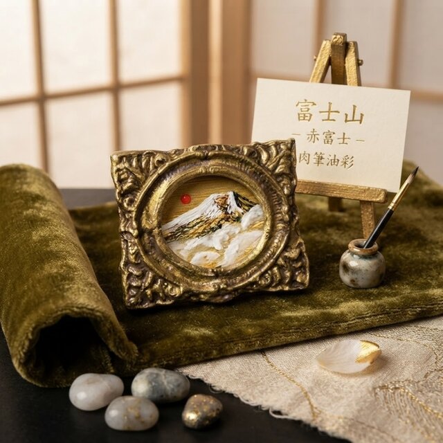 開運】ミニ絵画『黄金富士と一輪の陽』油絵 金箔 富士山 お正月飾り