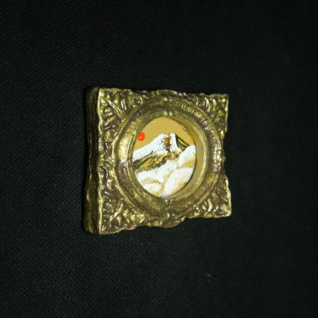 開運】ミニ絵画『黄金富士と一輪の陽』油絵 金箔 富士山 お正月飾り