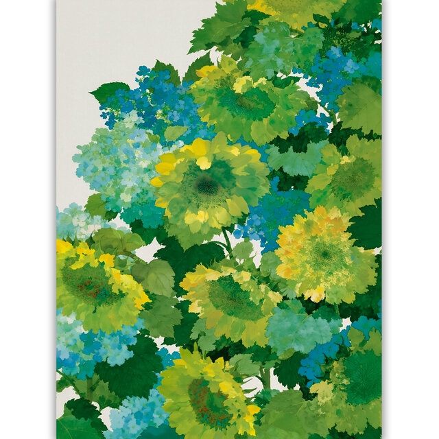 うらしまつり草 大きめボタニカルアート水彩 原画サイン入り 緑陰の向日葵】ボタニカルアート 水彩画 ひまわり 影 夏 インテリア