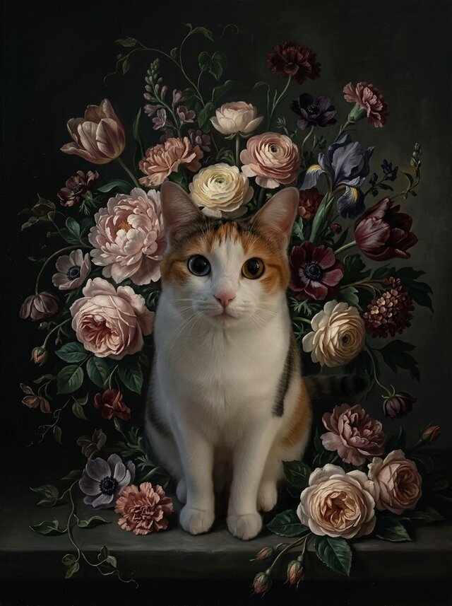 新品】絵画 タペストリー 猫 花柄 タイル アンティーク アンティーク