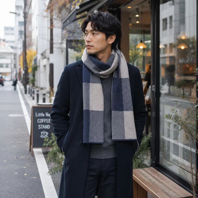 TOM FORDトムフォード 新品　メンズ　マフラー　ブラックチェック ウール100％ ブロックチェックマフラー｜ネイビー×グレー | iichi 日々