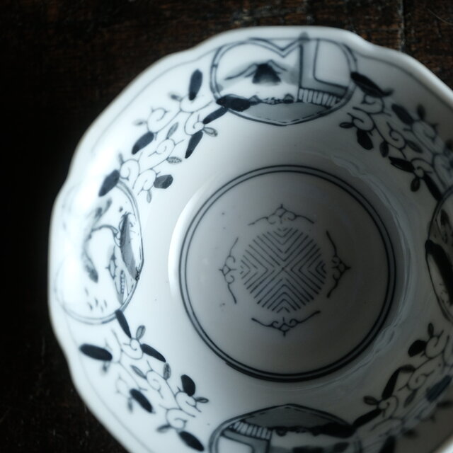 大値下げ○図変わり時代皿○瀬戸焼吹墨印判富士帆船絵図小皿
