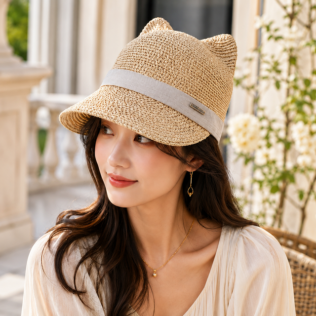 MAISON MICHEL　メゾンミッシェル　猫耳　ラフィア帽子　麦わら帽子 天然ラフィア 猫耳キャップ｜大人可愛い麦わら帽子・春夏日よけ・56