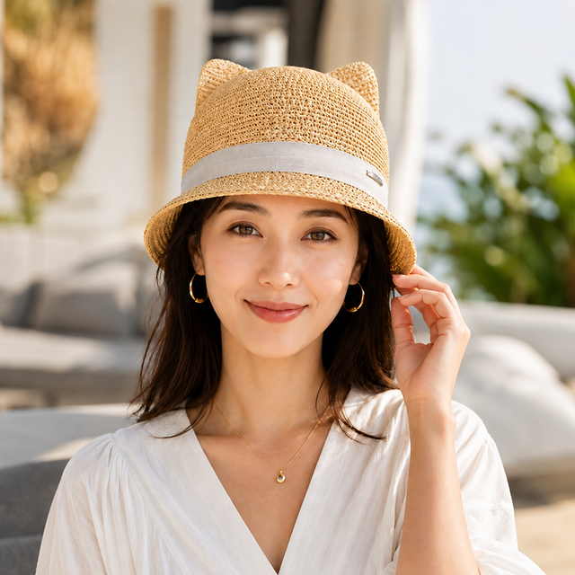 MAISON MICHEL　メゾンミッシェル　猫耳　ラフィア帽子　麦わら帽子 天然ラフィア 猫耳キャップ｜大人可愛い麦わら帽子・春夏日よけ・56