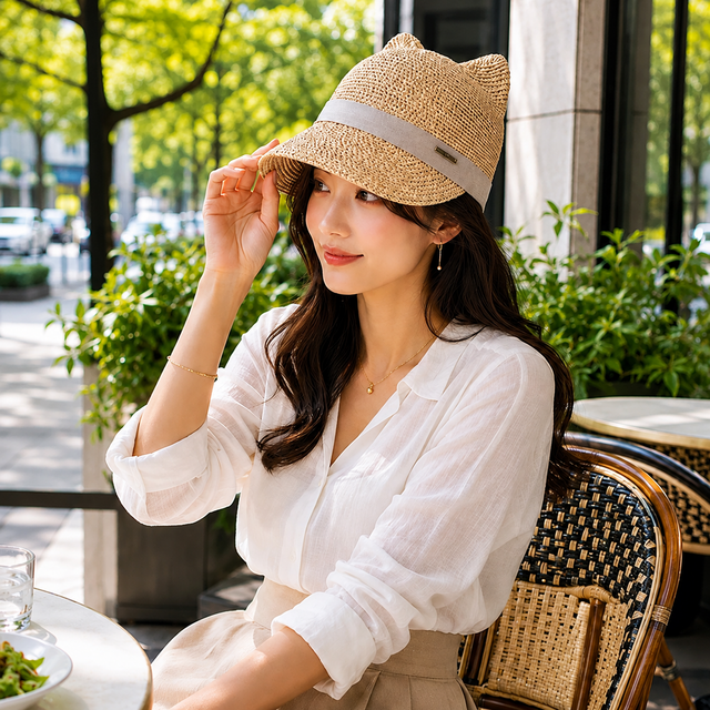天然ラフィア 猫耳キャップ｜大人可愛い麦わら帽子・春夏日よけ・56